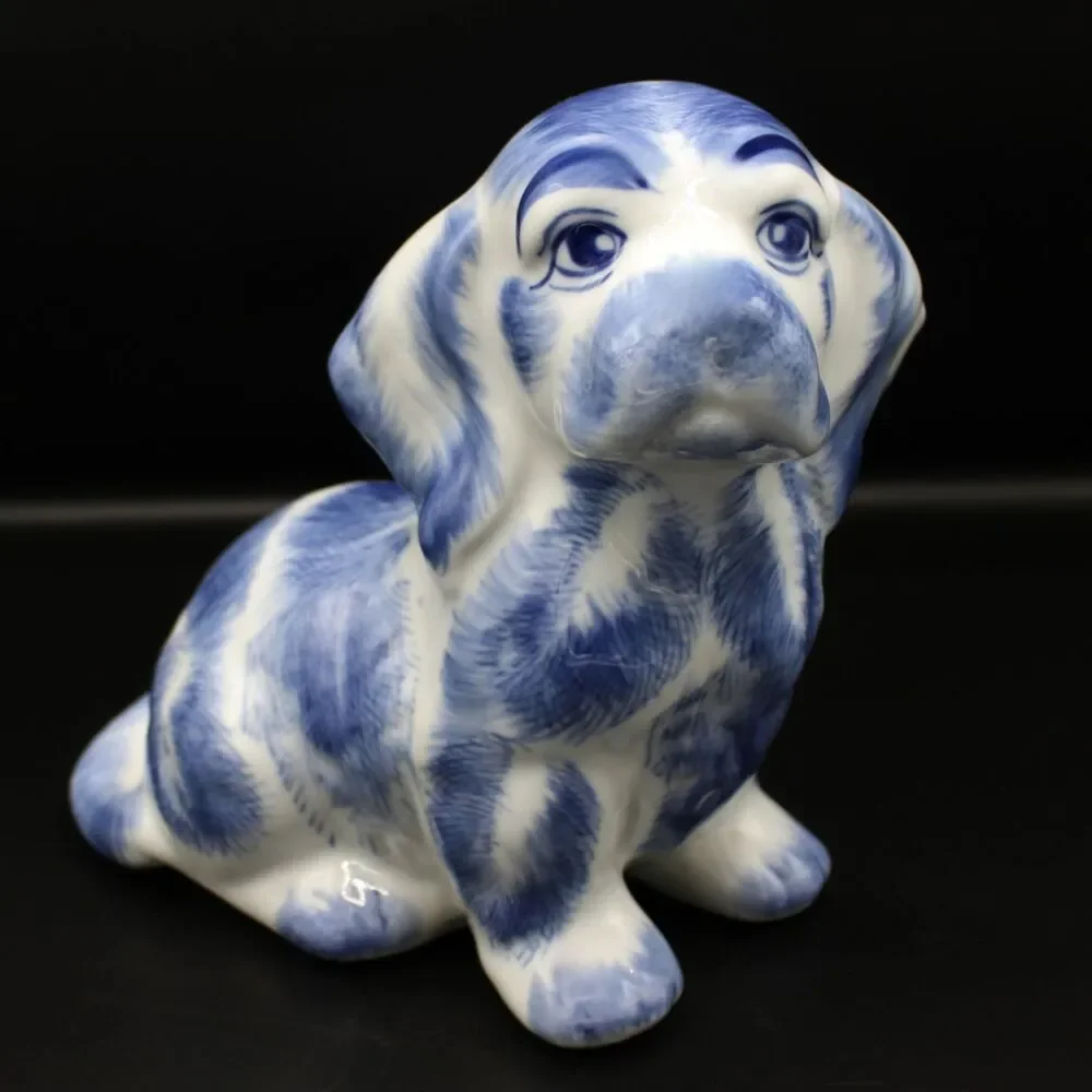 Vintage Blue White Ceramic Dog Figurine Glossy Glaze Cocker Basset Animal Decor